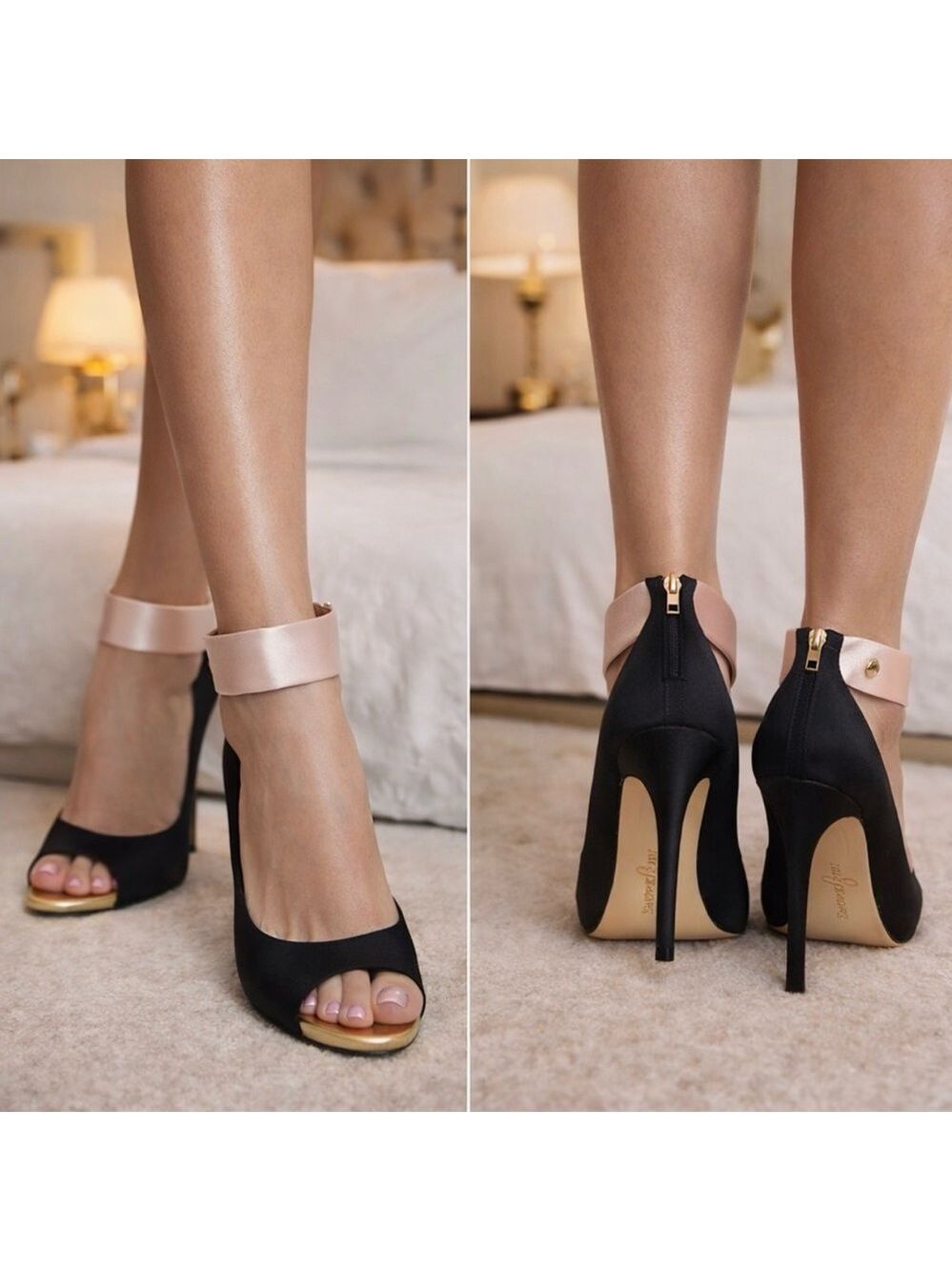 KATE SPADE GRANDE BOW BLACK SATIN PEEP TOE STILETTO HEELS SIZE 8 NARROW NO BOW